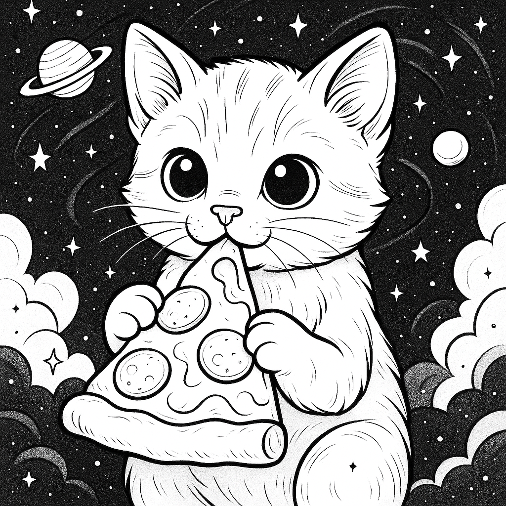 Generated coloring page of cute kitten in galaxy eating pizza slice